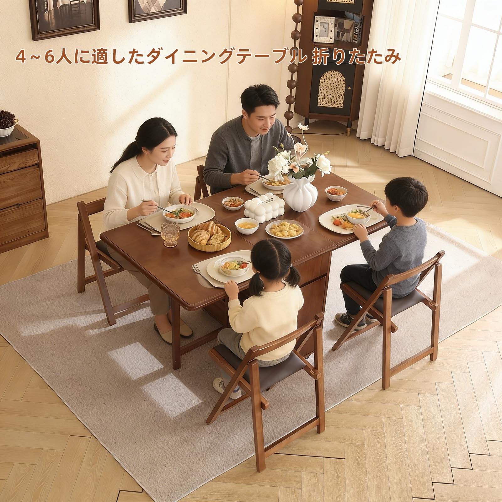 完成品 折りたたみダイニングテーブル 無垢材製  幅30~140cm バタフライ 伸長式 折り畳みダイニングテーブル 引き出し2つ 収納付きとキャスター4つ 食卓 省スペース 組み立て不要 ウォールナット